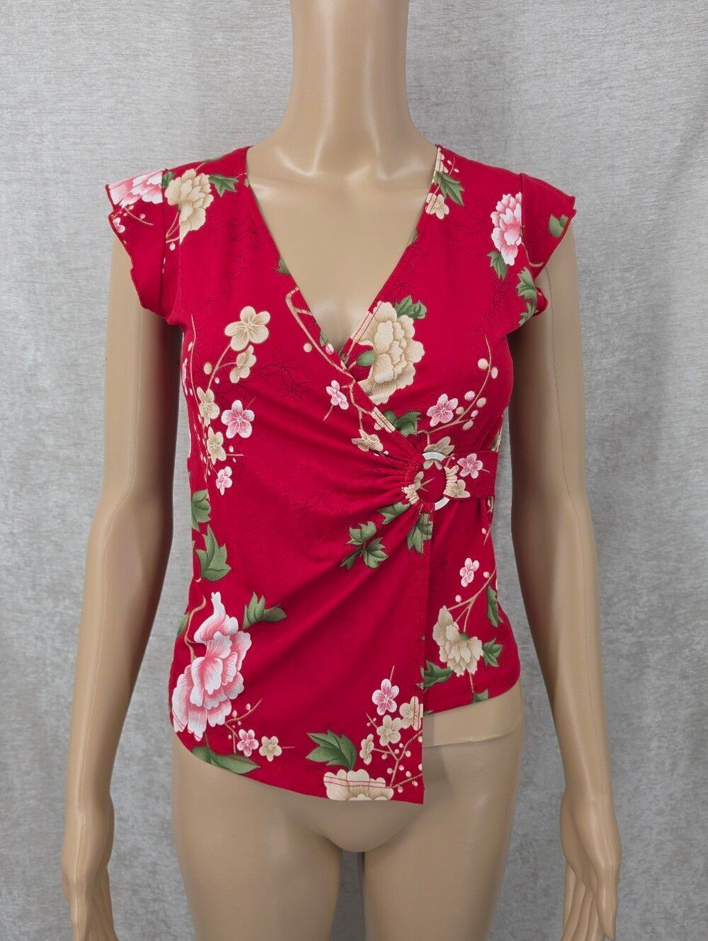Y2K Wild Cat Cherry Red Floral Fauxl Wrap Front Blouse Top